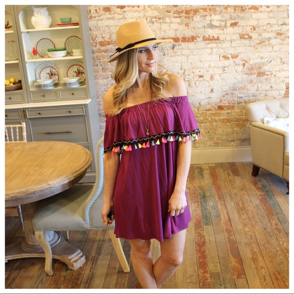 Magenta tassel off shoulder dress - Picture 3 of 4